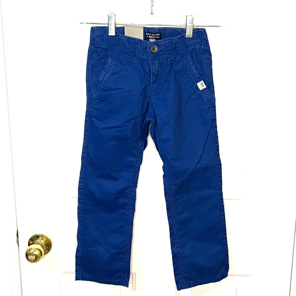 New With Tag MEXX Boys Slim Fit Straight Leg Blue Cotton Pants, Size 5